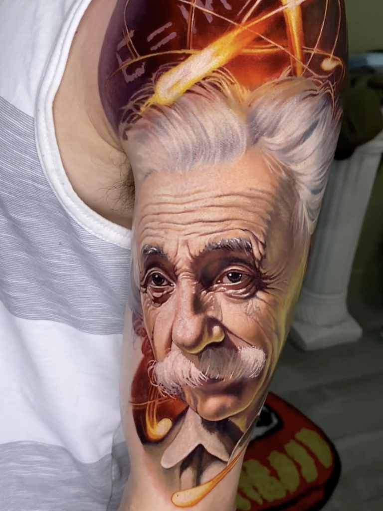 Colour realism Einstein portrait arm tattoo, Arm Tattoos for Men Wales