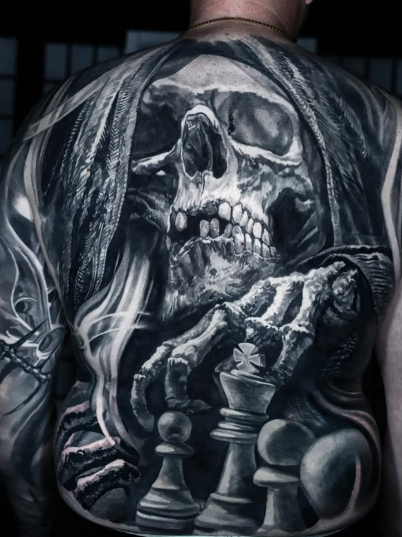Skull and Chess Back Tattoo, back tattoos for men