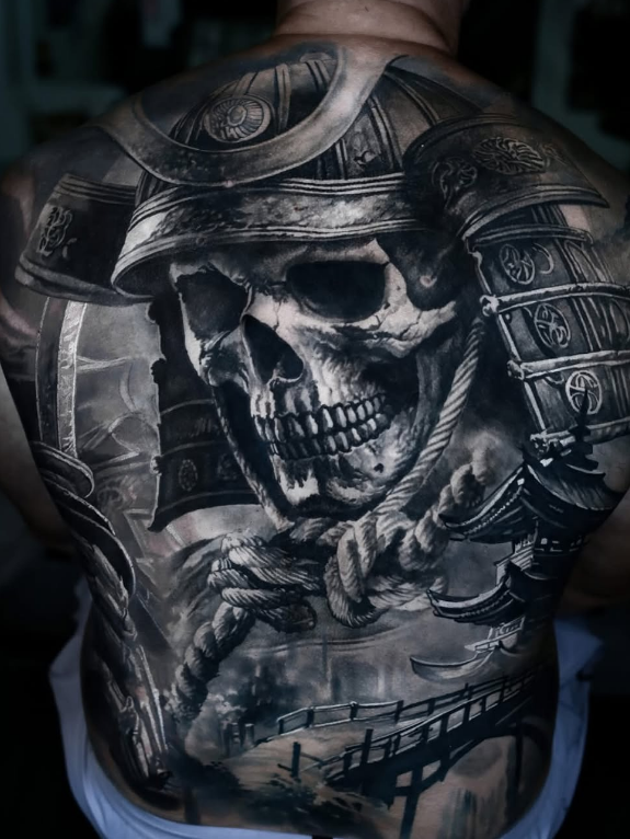 Samurai Skull Back Tattoo, back tattoos for men