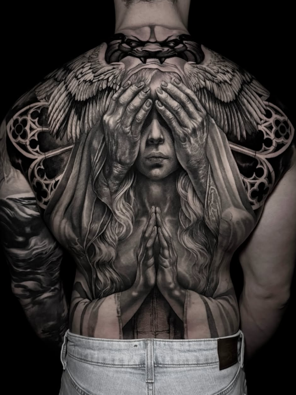 Praying Woman Back Tattoo, back tattoos for men