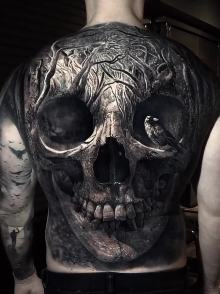 Skull and Raven Back Tattoo, back tattoos for men