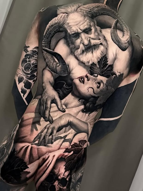 Demon and Woman Back Tattoo, back tattoos for men
