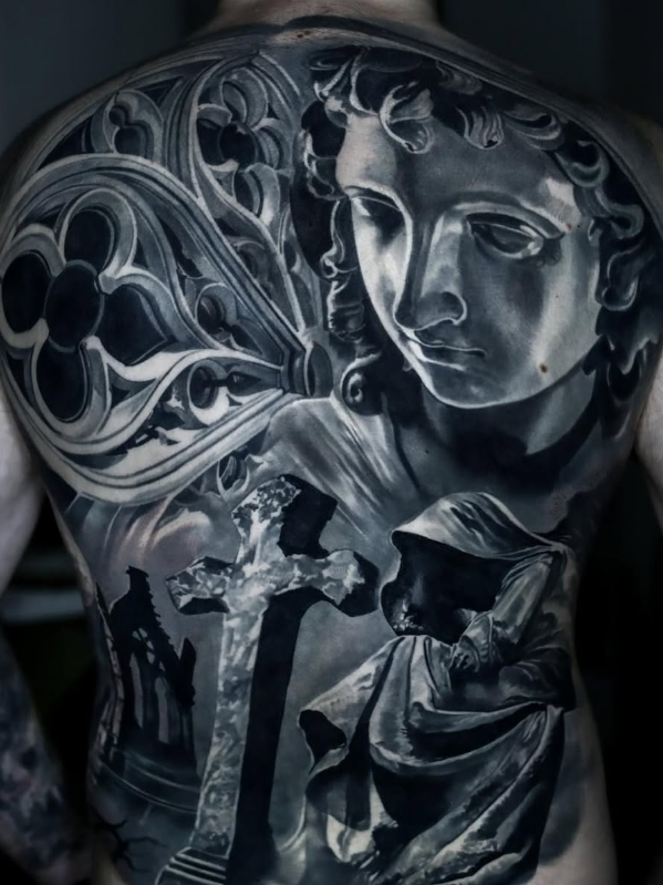 Statue and Cross Back Tattoo, back tattoos for men