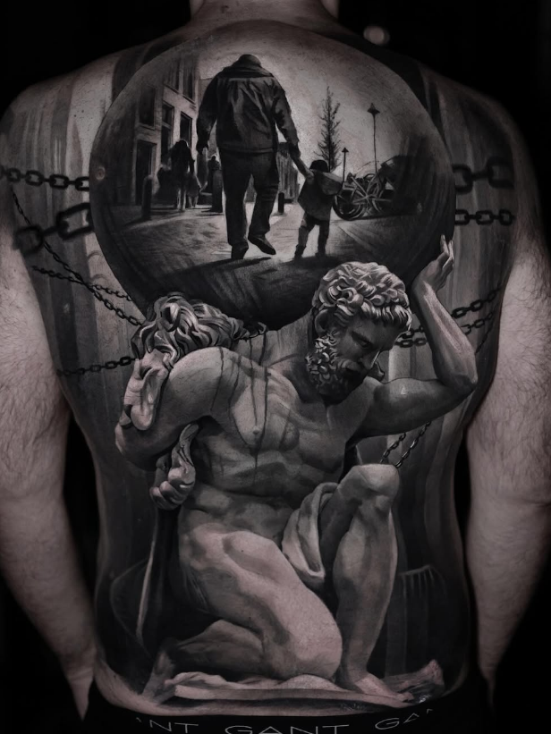 Atlas Back Tattoo, back tattoos for men