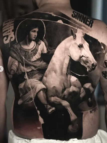 Saint and Horse Back Tattoo, back tattoos for men