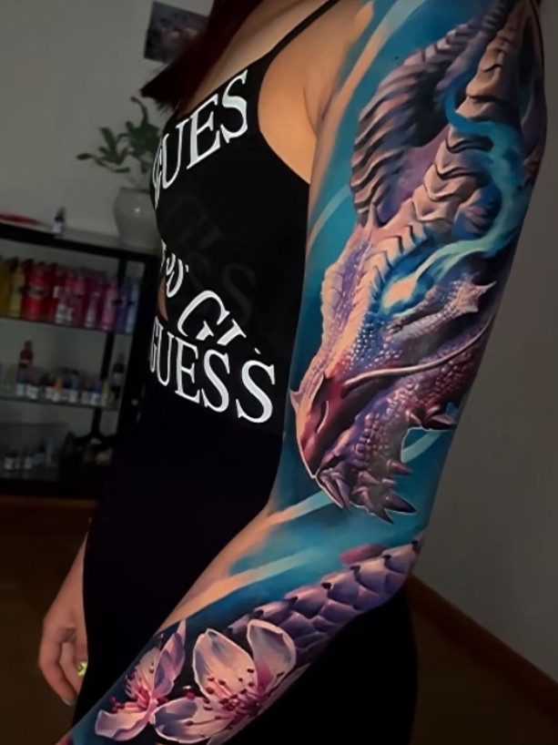 Colour Dragon Realism Tattoo Sleeve London | Straight Lines Tattoo