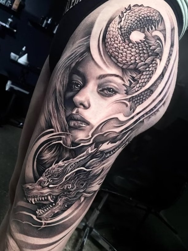Dragon Portrait Sleeve Tattoo Hertfordshire | Straight Lines Tattoo