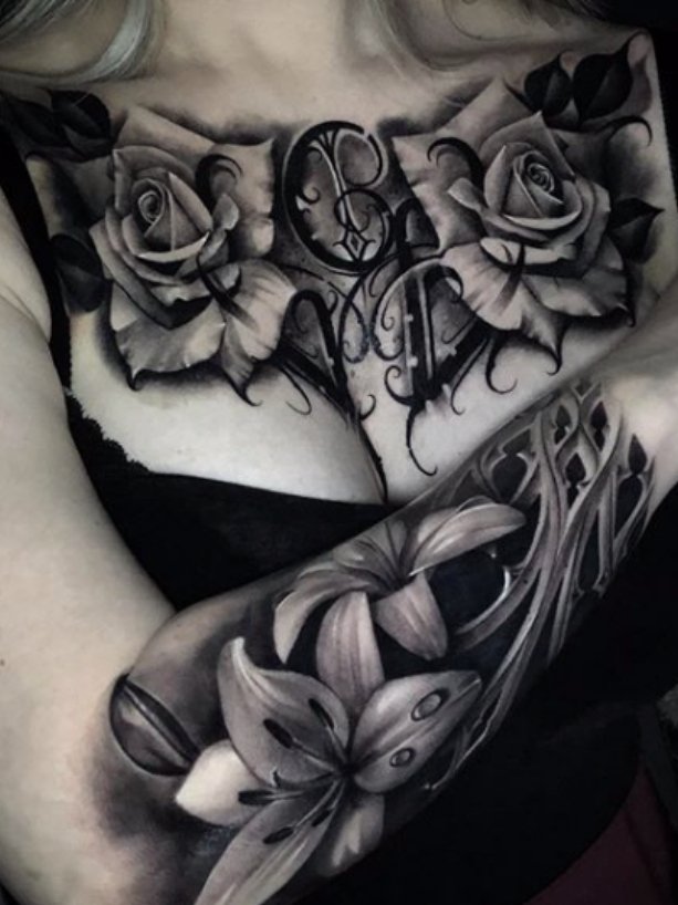 Floral Chest Tattoo Black And Grey