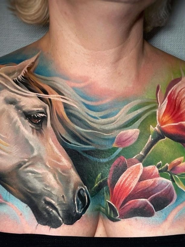 Full Colour Floral Chest Tattoo London